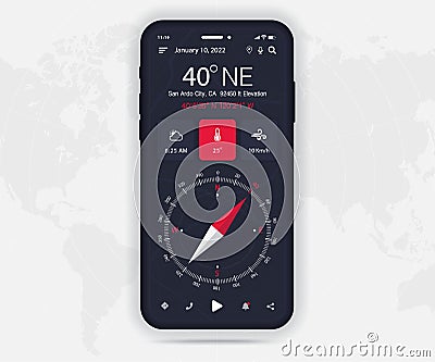 Compass app UI UX GUI concept, Map GPS app on screen smartphone navigation, Phone weather, application compass for navigator ui Vector Illustration