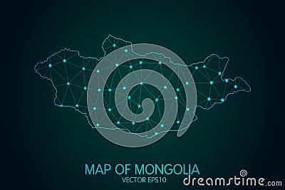 Map of Mongolia - With glowing point and lines scales on the dark gradient background, 3D mesh polygonal network connections Vector Illustration
