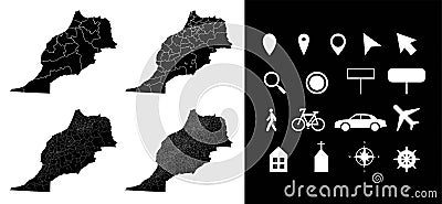 Map of Morocco administrative regions departments, icons. Map location pin, arrow, man, bicycle, car, airplane Vector Illustration