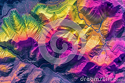 Map of a mountain peaks and tops with coloured geospatial data for GIS usage Stock Photo