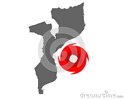 Map of Mozambique and hurricane symbol Vector Illustration
