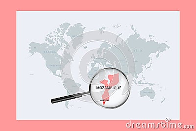 Map of Mozambique on political world map with magnifying glass Vector Illustration