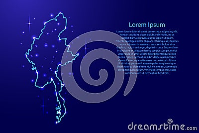 Map Myanmar from the contours network blue, luminous space stars Cartoon Illustration