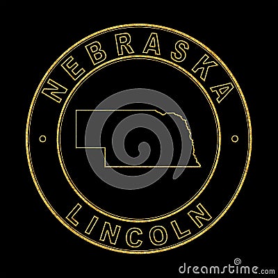 Map of Nebraska, Golden Stamp Black Background Stock Photo