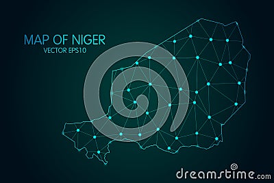 Map of Niger - With glowing point and lines scales on the dark gradient background, 3D mesh polygonal network connections Vector Illustration