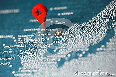 Map on north korea with nuclear sign Stock Photo