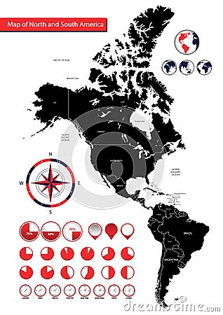 Map of North and South America, Icons, location indicators Vector Illustration