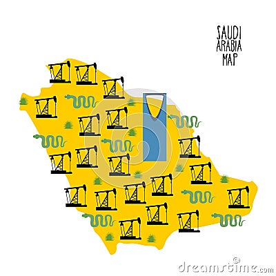 Map of oil fields of Saudi Arabia. Desert and oil pumps, snakes, and cacti. Kingdom tower landmarks of Riyadh city. Vector Vector Illustration