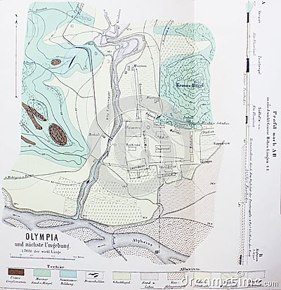 Map of Olympic territory in a vintage book `Olympia`, by Adolf Boetticher, 1886 Stock Photo