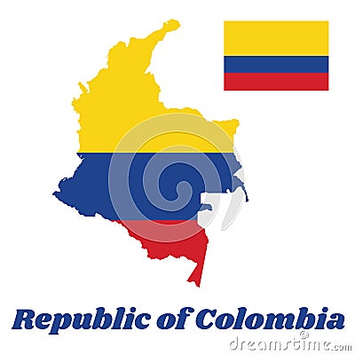 Map outline of Colombia, a horizontal tricolor of yellow double-width, blue and red. Vector Illustration