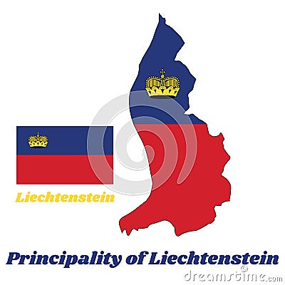 Map outline country shaped and flag of Liechtenstein, It is a horizontal bicolor of blue and red, charged with a gold crown. Vector Illustration