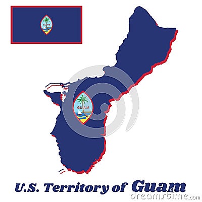 Map outline and flag of Guam, A dark blue background with a thin red border and the Seal of Guam in the center. Vector Illustration