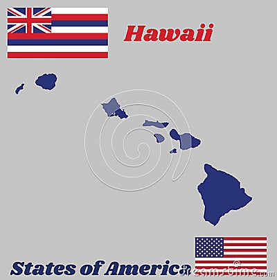 Map outline and flag of Hawaii, Eight alternating horizontal stripes of white, red, and blue, with a Union flag in the canton. Vector Illustration