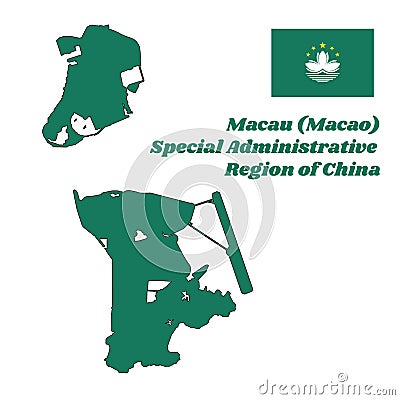 Map outline and flag of Macau, Light green with a lotus flower above the stylised Governor Nobre de Carvalho Bridge and water. Vector Illustration