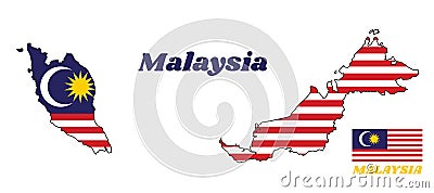 Map outline and flag of Malaysian in blue red white and yellow color with yellow star and white Crescent moon. Vector Illustration
