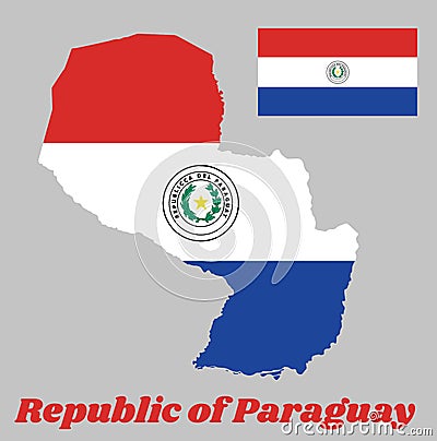 Map outline and flag of Paraguay, a horizontal triband of red, white and blue, with the coat of arms of Paraguay. Vector Illustration