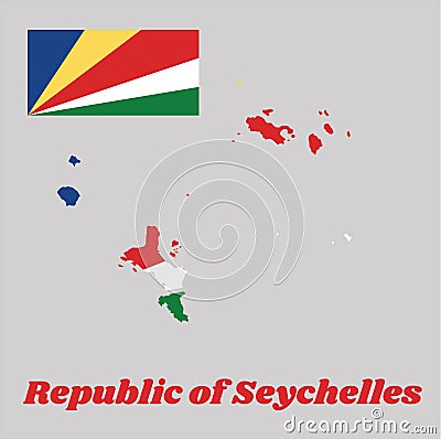 Map outline and flag of seychelles, five oblique bands of blue, yellow, red, white and green radiating from bottom of hoist side. Vector Illustration