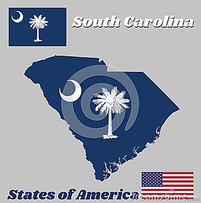 Map outline and flag of South Carolina, White palmetto tree on an indigo field. The canton contains a white crescent. Vector Illustration