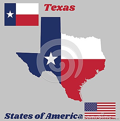 Map outline and flag of Texas, blue containing a single centered white star into a white and red bar. Vector Illustration