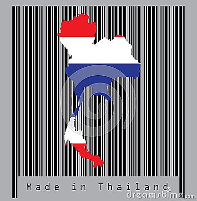 Map outline and flag of Thai in blue red and white color on the black barcode with grey background, text: Made in Thailand. Vector Illustration