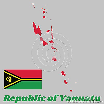 Map outline and flag of Vanuatu, red and green with black and yellow color boar`s tusk encircling two crossed fern fronds. Vector Illustration