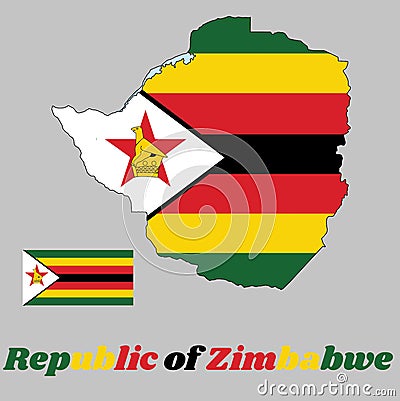 Map outline and flag of Zimbabwe, seven horizontal stripes of green, yellow, red, black, with a black-edged white isosceles trian Vector Illustration