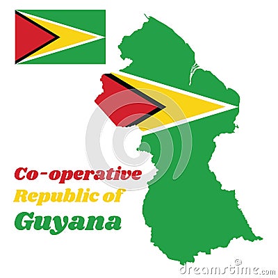 Map outline of Guyana, a green field with triangle red black yellow white. Vector Illustration