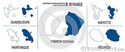 Map of overseas departments and regions of France. High detailed vector outline and blue silhouette. France flag. English labeling Vector Illustration