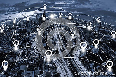 Map pin flat and Network conection system on blue tone Aerial vi Stock Photo