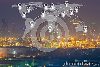 Map pin flat network conection on world global logistics and transportation connection of containers cargo ship with Stock Photo