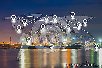 Map pin flat network conection on world global logistics and transportation connection of industrial port with containers cargo s Stock Photo