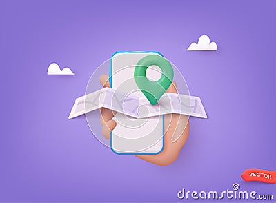 Map with pin. Green direction pointer on folded city map, gps navigation and travel location. 3D Web Vector Illustrations Vector Illustration