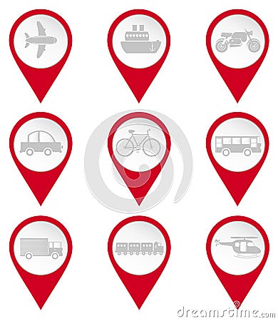 Map pin icons of transports Vector Illustration