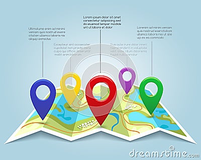 Map with pin markers vector illustration. Cartography location pointers Vector Illustration