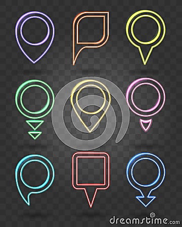 Map pin neon signs. Vector illuminated frames for place points Vector Illustration