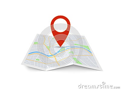 Map with pin. Red direction pointer on folded city map, gps navigation and travel location vector 3d icon Vector Illustration