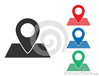 Map pin tag. Location marker. Navigation position pointer. Place point in black, green, blue and red colors. Locate Vector Illustration