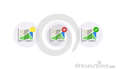 Map with pin, wrong and right check marks. location icon on isolated white background. Eps 10 vector Vector Illustration