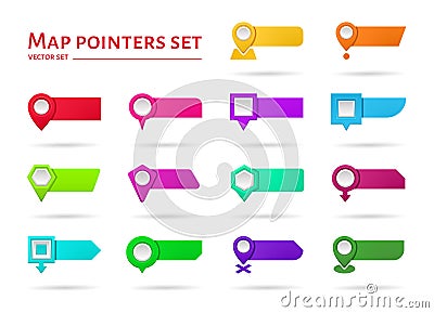 Map pins. Text marker icons. Banner pointer for title or label. Navigation point tag. Location button. Travel position Vector Illustration