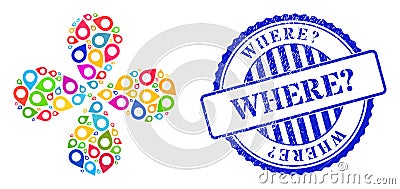 Where question. Distress Seal and Map Pointer Colored Twirl Spin Vector Illustration
