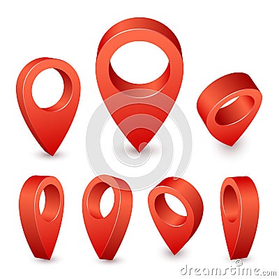 Map pointer 3d pin. Red pin marker for travel place. Location symbols vector set on white background Vector Illustration