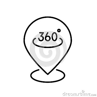 Map pointer with 360 degree symbol on it. Panoramic view of the environment. Immersive location exploration Vector Illustration