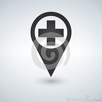 map pointer icon with cross hospital symbol position. Stock Photo