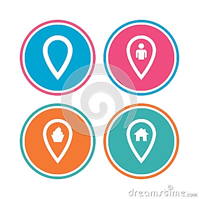 Map pointer icons. Home, food and user location. Vector Illustration