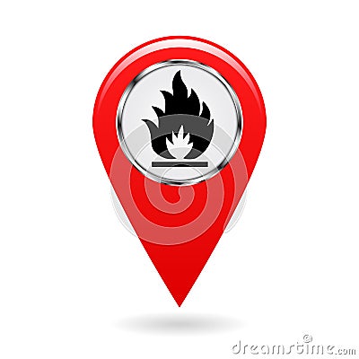 Map pointer. Index of flammable substances in the area map. Safety symbol. Cartoon Illustration