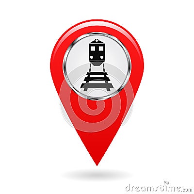 Map pointer. Index of rail traffic. The train and the locomotive. Risk of hitting or collision. Safety symbol. Red object on a whi Cartoon Illustration
