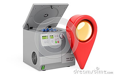 Map pointer with laboratory centrifuge, 3D rendering Stock Photo