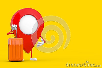 Map Pointer Pin Character Mascot with Orange Travel Suitcase. 3d Rendering Stock Photo