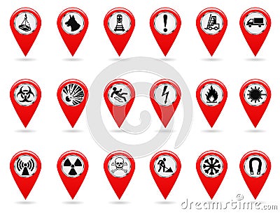 Map pointers. Set of safety symbols. Location and specify the coordinates on the map terrain. Industrial Design. Red Vector Illustration