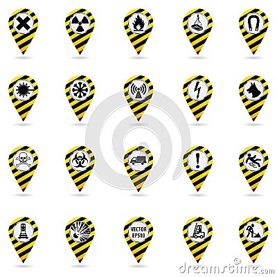 Map pointers. Set of safety symbols. Location and specify the coordinates on the map terrain. Industrial Design. Yellow Vector Illustration